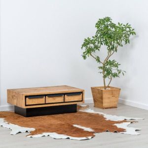 TABLE DE SALON RETRO 3TIROIRS EN PIN MASSIF ET NOIR 100 X 35 X 55 cm