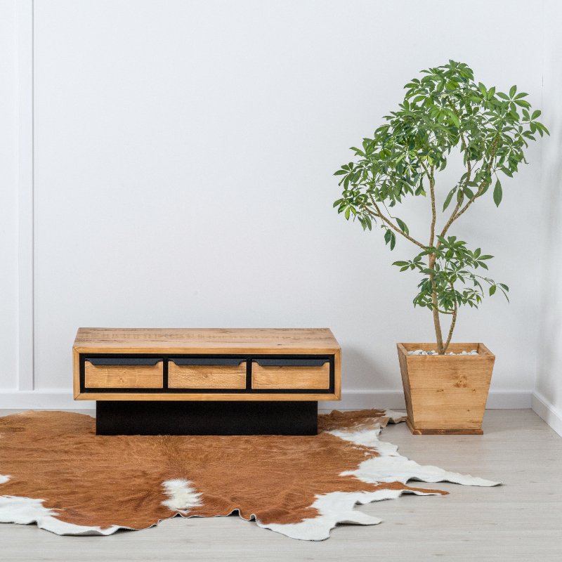 TABLE DE SALON RETRO 3TIROIRS EN PIN MASSIF ET NOIR 100 X 35 X 55 cm - Photo N°3
