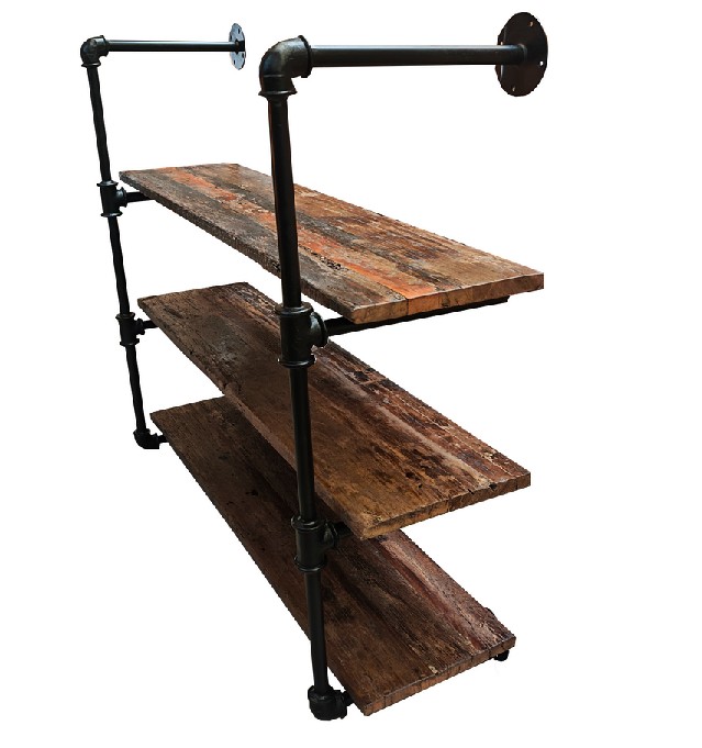 ETAGERE MURALE 3 NIVEAUX BOIS DE MANGUIER ET TUBE DE PLOMBERIE 120 X 106 X 38 CM - Photo N°3