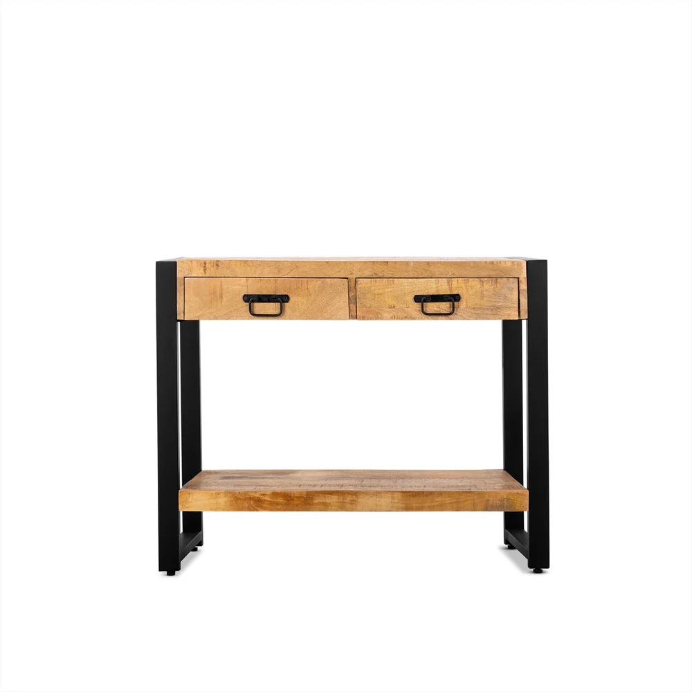 CONSOLE BRITT BOIS MANGUIER MASSIF 2 TIROIRS PIED METAL NOIR  120 X 76 X 35 CM - Photo N°4