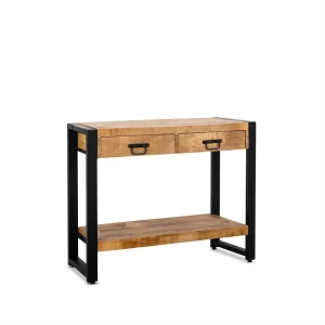 CONSOLE BRITT BOIS MANGUIER MASSIF 2 TIROIRS PIED METAL NOIR  120 X 76 X 35 CM
