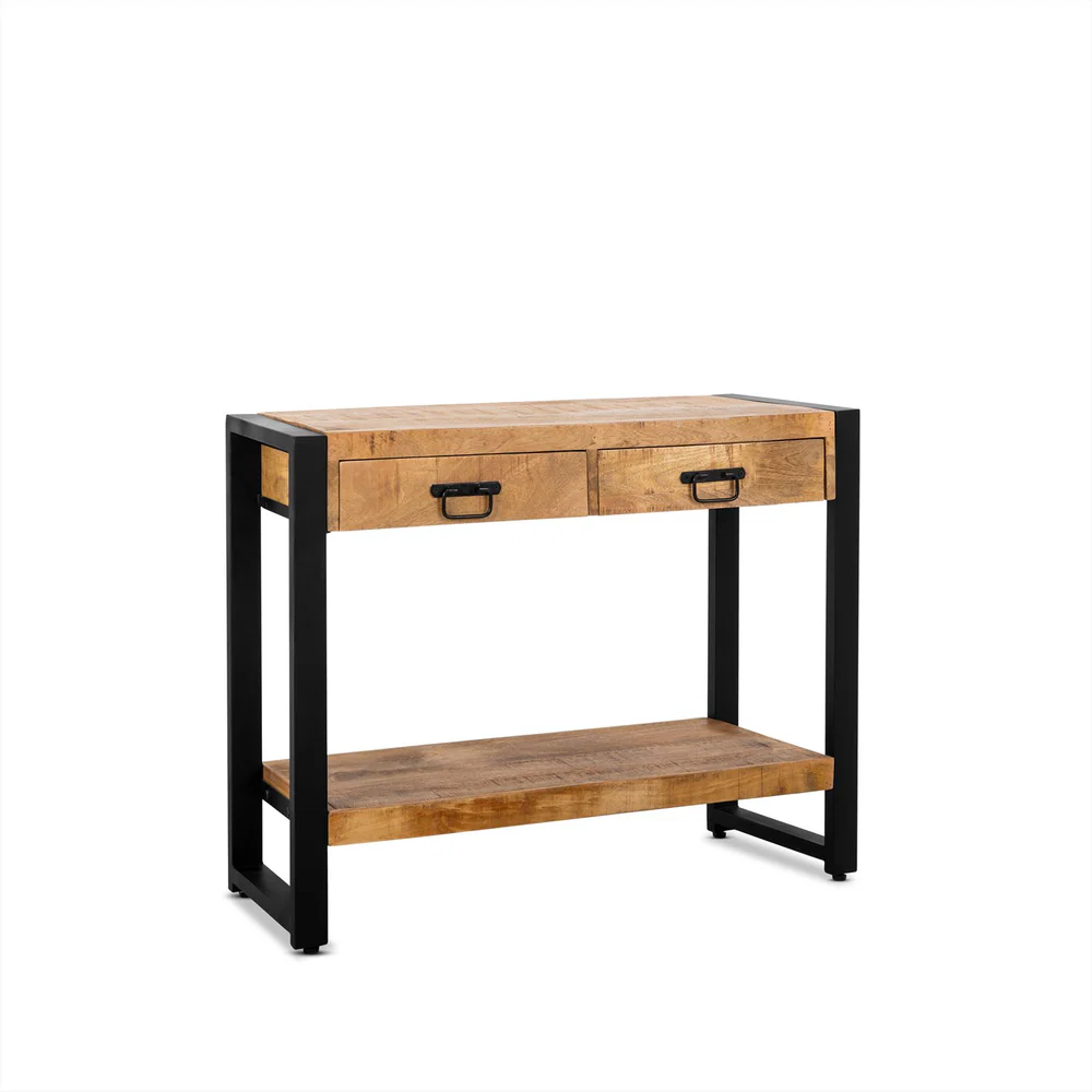 CONSOLE BRITT BOIS MANGUIER MASSIF 2 TIROIRS PIED METAL NOIR  120 X 76 X 35 CM - Photo N°1