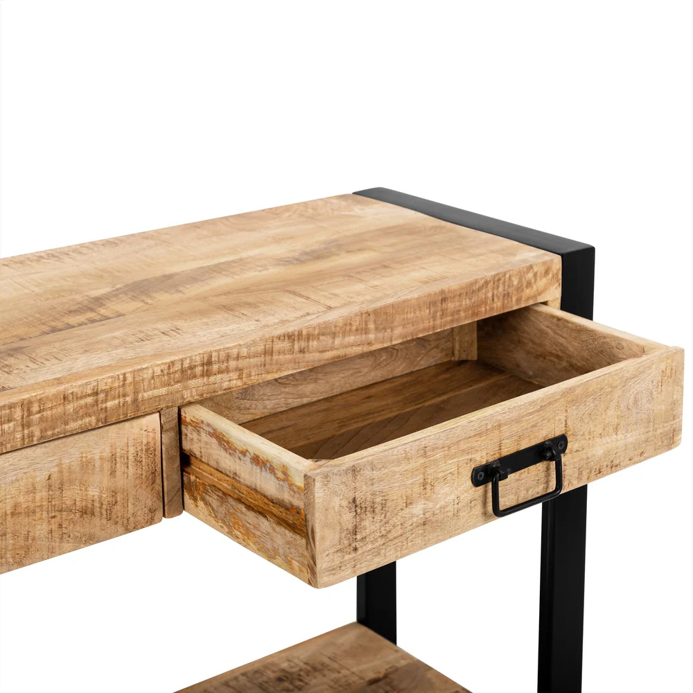 CONSOLE BRITT BOIS MANGUIER MASSIF 2 TIROIRS PIED METAL NOIR  120 X 76 X 35 CM - Photo N°2