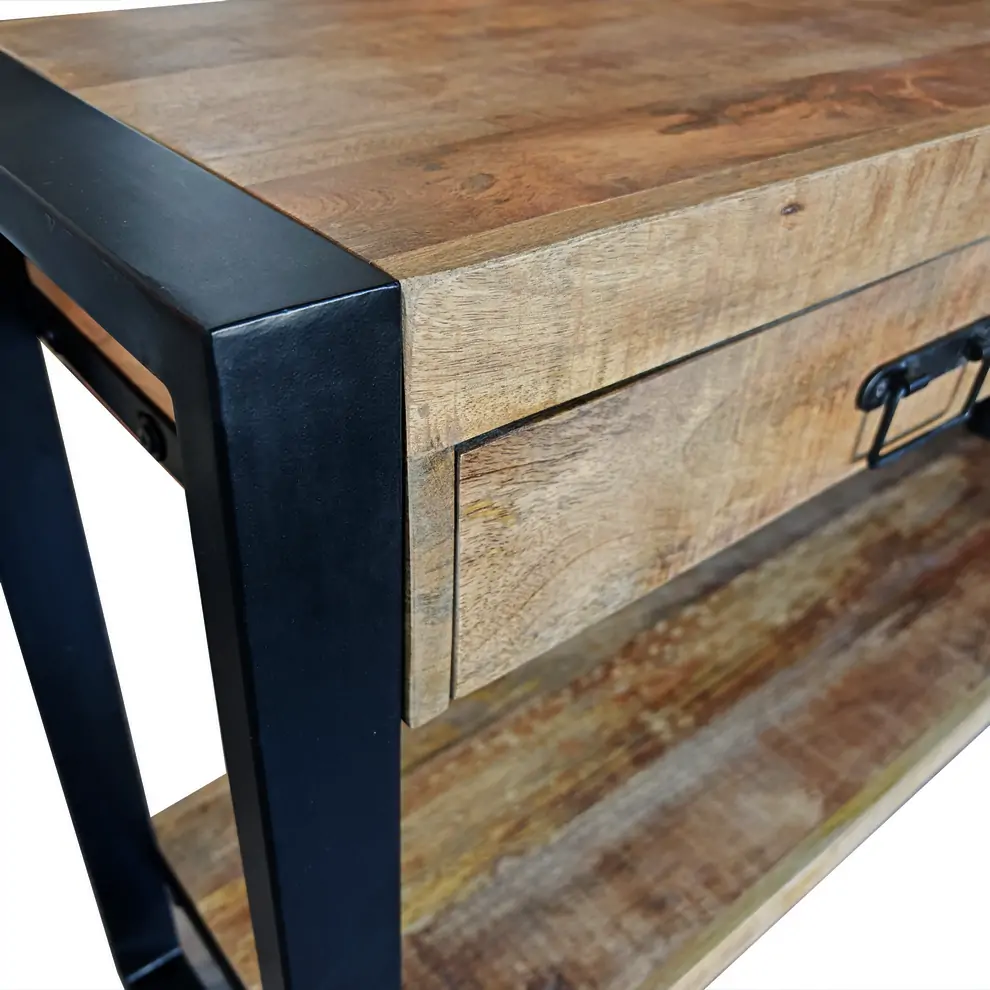 CONSOLE BRITT BOIS MANGUIER MASSIF 2 TIROIRS PIED METAL NOIR  120 X 76 X 35 CM - Photo N°9