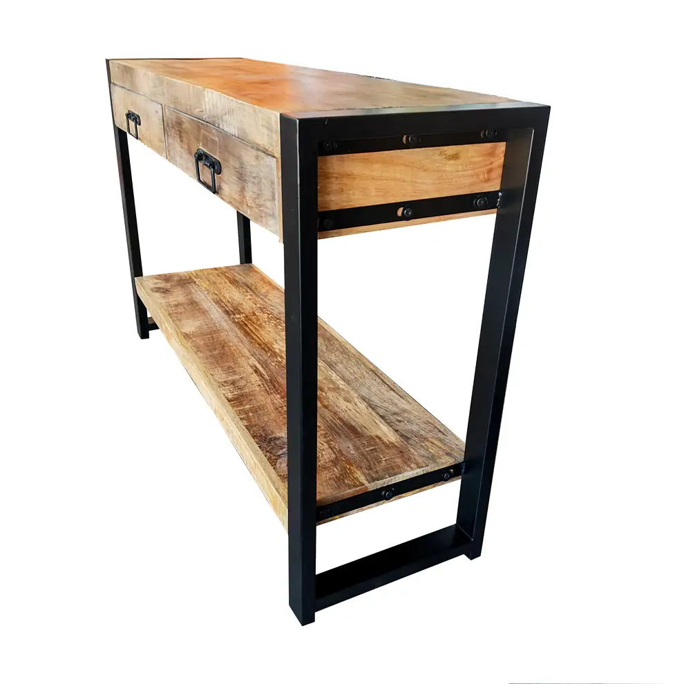 CONSOLE BRITT BOIS MANGUIER MASSIF 2 TIROIRS PIED METAL NOIR  120 X 76 X 35 CM - Photo N°5