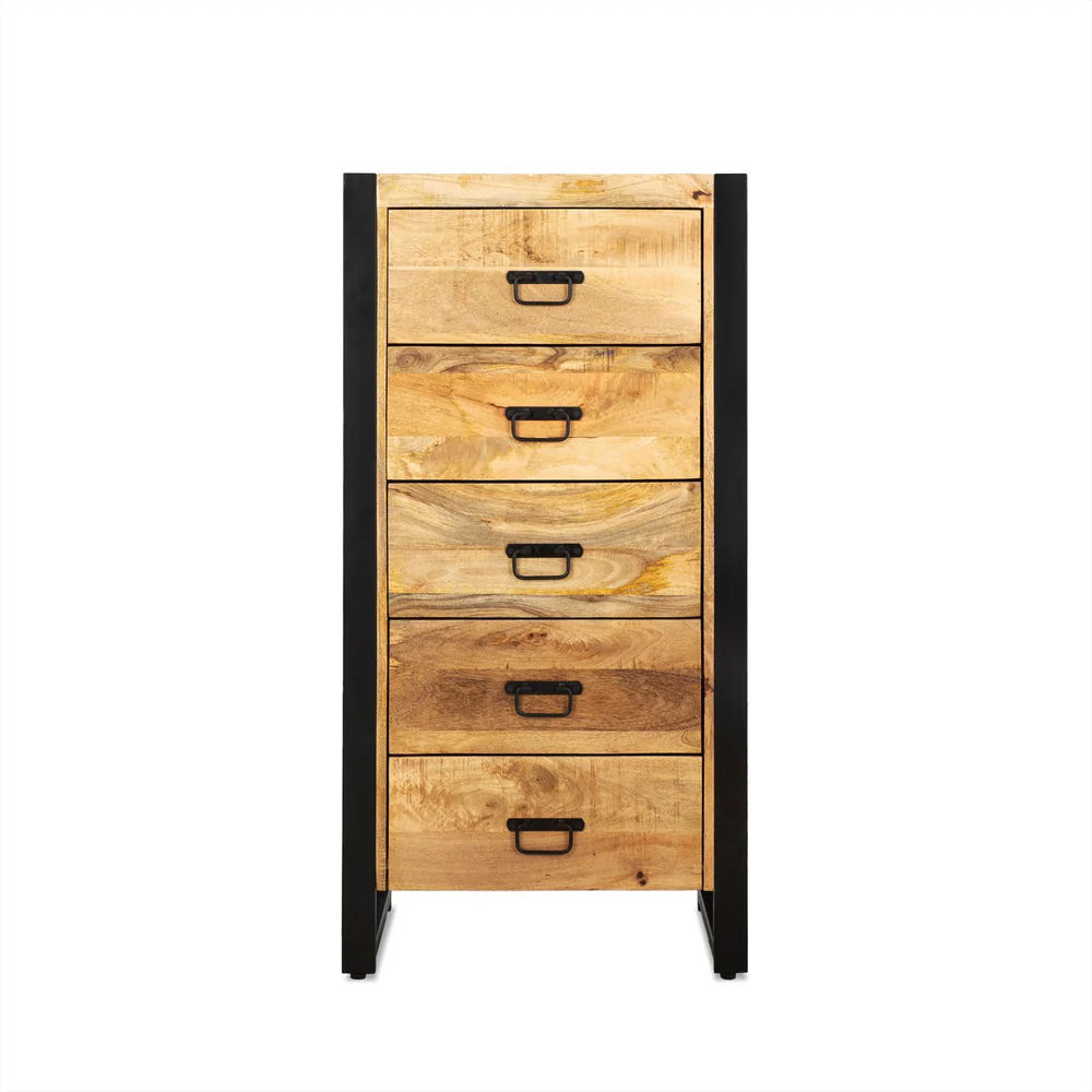 SEMAINIER BRITT BOIS MANGUIER MASSIF 5 TIROIRS PIED METAL NOIR  60 X 120 X 40 CM - Photo N°4