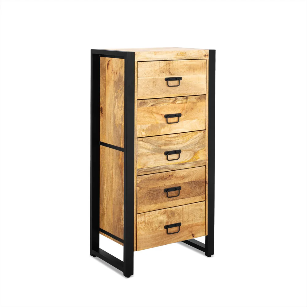 SEMAINIER BRITT BOIS MANGUIER MASSIF 5 TIROIRS PIED METAL NOIR  60 X 120 X 40 CM - Photo N°1