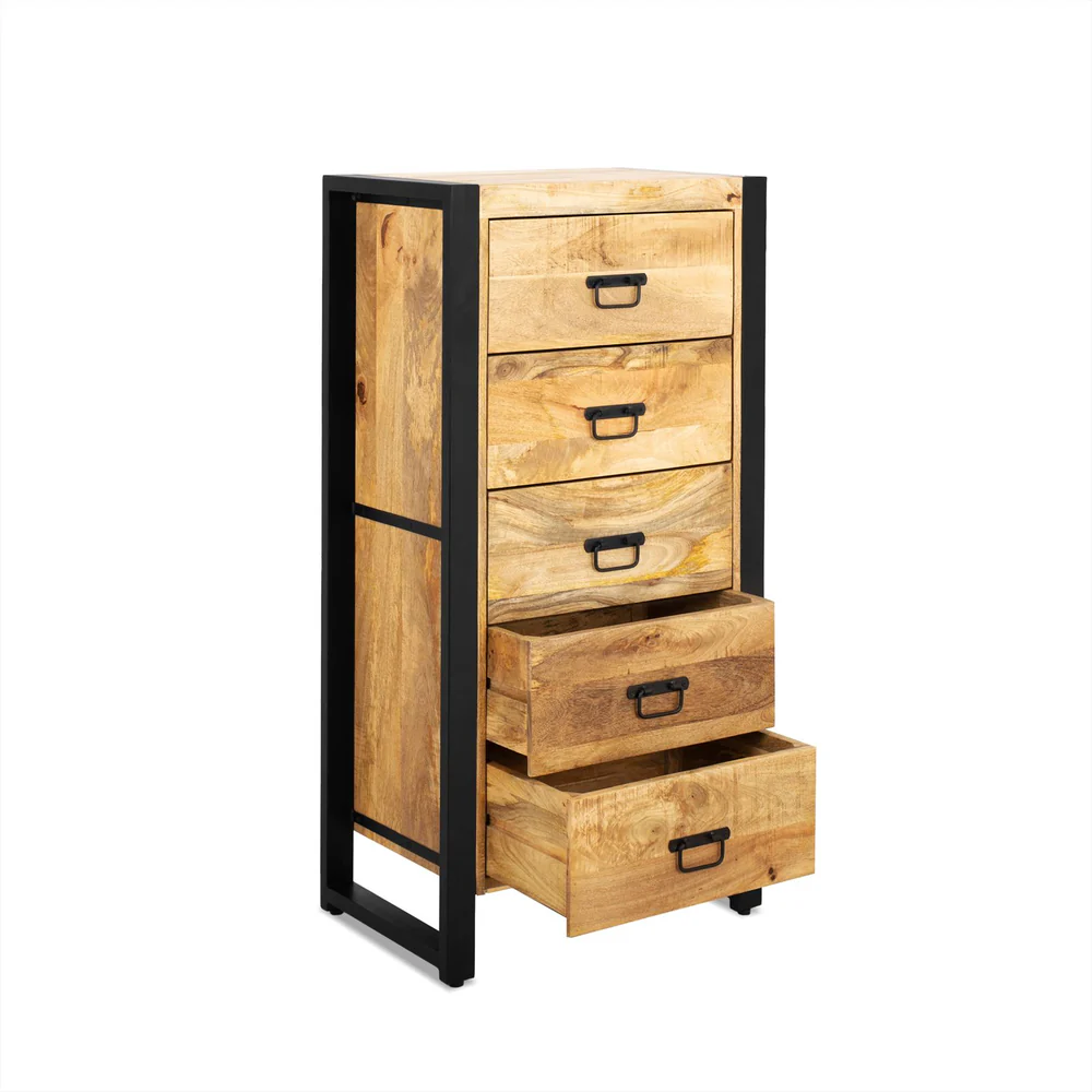 SEMAINIER BRITT BOIS MANGUIER MASSIF 5 TIROIRS PIED METAL NOIR  60 X 120 X 40 CM - Photo N°2