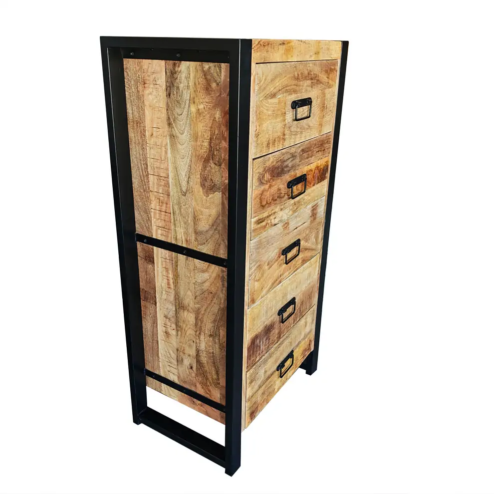 SEMAINIER BRITT BOIS MANGUIER MASSIF 5 TIROIRS PIED METAL NOIR  60 X 120 X 40 CM - Photo N°7