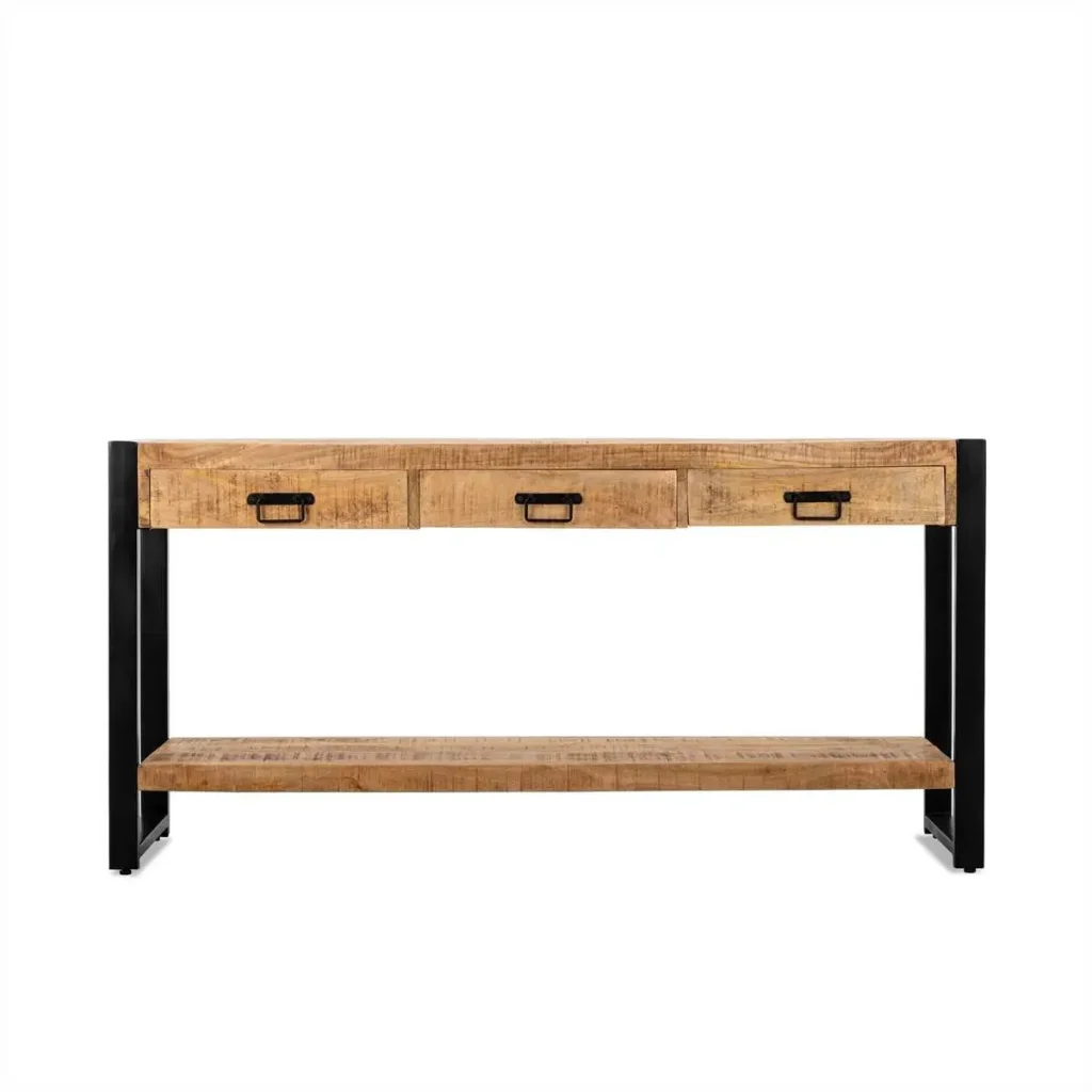 CONSOLE BRITT BOIS MANGUIER MASSIF 3 TIROIRS PIED METAL NOIR  150 X 76 X 35 CM - Photo N°5