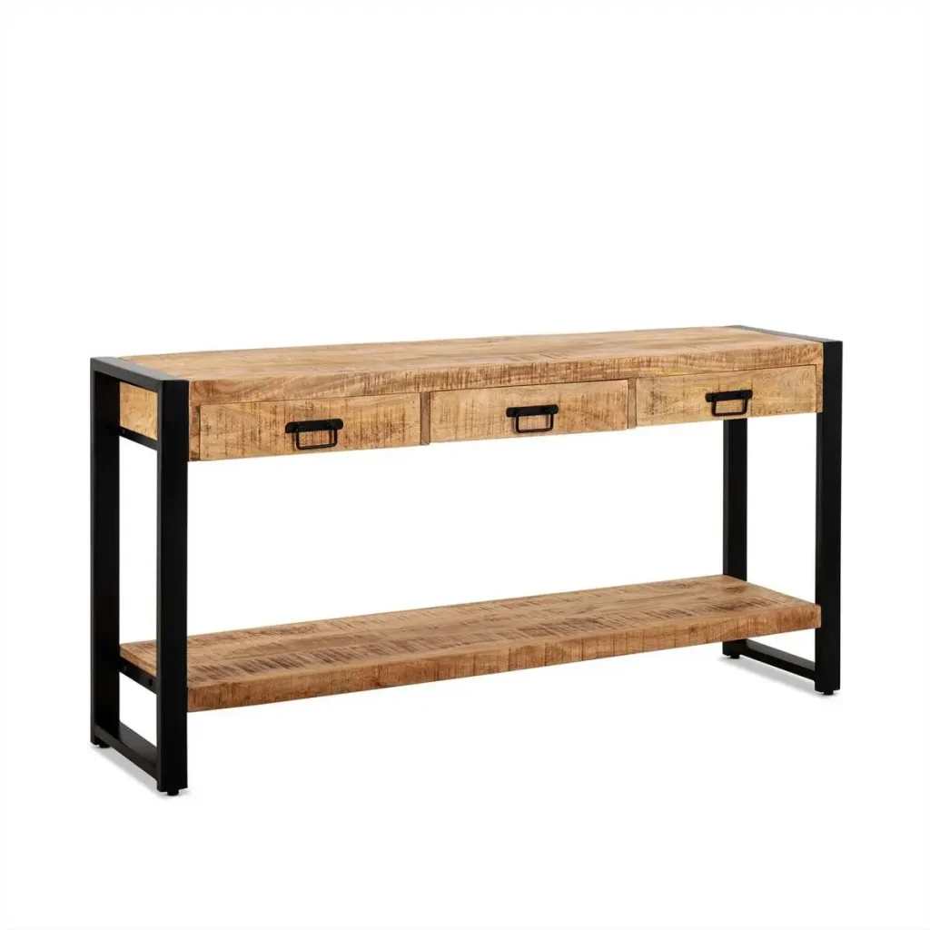 CONSOLE BRITT BOIS MANGUIER MASSIF 3 TIROIRS PIED METAL NOIR  150 X 76 X 35 CM - Photo N°1