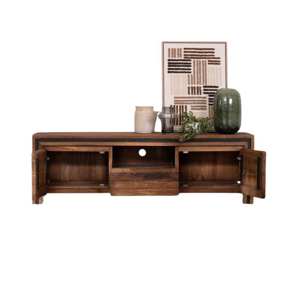 MEUBLE TV KAYOA EN TECK RECYCLE 2 PORTES 1 TIROIR 1 NICHE 160 X 50 X 45 CM - Photo N°6