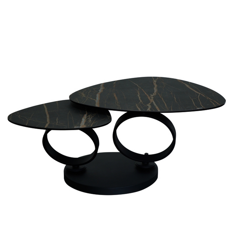 TABLE DE SALON MILAN DEUX PLATEAUX CERAMIQUE NOIR MARBRE BRUN 129 X 82 X 43 CM - Photo N°1