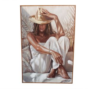 PEINTURE FEMME BOHEME EN BLANC 60 X 90 X 4.5 CM