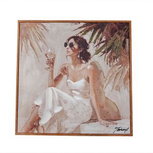 PEINTURE FEMME BOHEME EN BLANC 40 X 40 X 4.5 CM