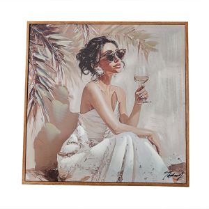 PEINTURE FEMME BOHEME EN BLANC 40 X 40 X 4.5 CM