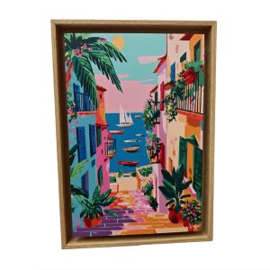 TABLEAU RUELLE VILLAGE MEDITERANEEN VUE MER MULTICOLORE ORYA CAF26157 26 X 36 CM