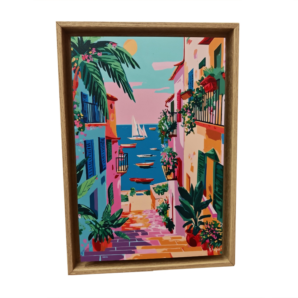 TABLEAU RUELLE VILLAGE MEDITERANEEN VUE MER MULTICOLORE ORYA CAF26157 26 X 36 CM - Photo N°1