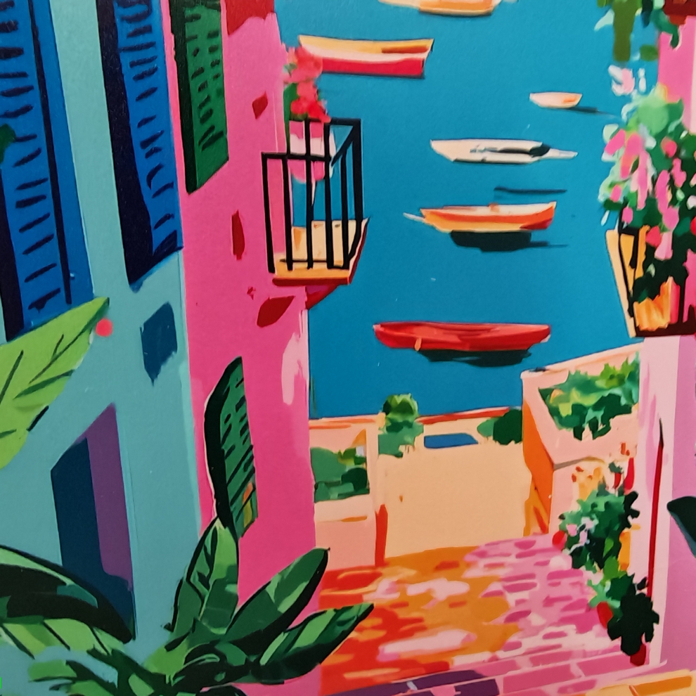 TABLEAU RUELLE VILLAGE MEDITERANEEN VUE MER MULTICOLORE ORYA CAF26157 26 X 36 CM - Photo N°3