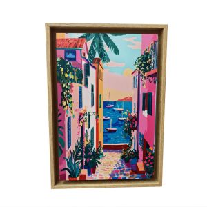 TABLEAU RUELLE VILLAGE MEDITERANEEN VUE MER MULTICOLORE ORYA CAF26159 26 X 36 CM