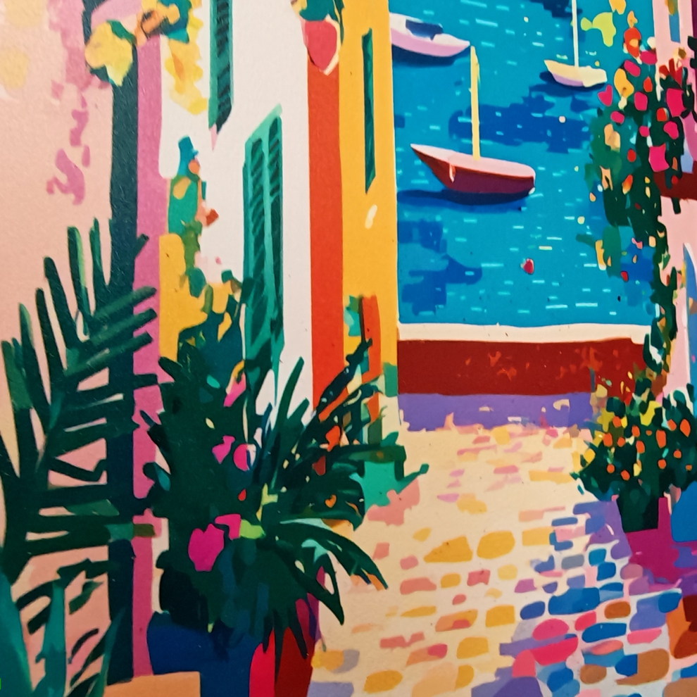 TABLEAU RUELLE VILLAGE MEDITERANEEN VUE MER MULTICOLORE ORYA CAF26159 26 X 36 CM - Photo N°3