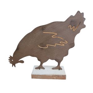 POULE EN METAL ROUILLE SUPPORT BOIS 22 X 19 X 5 CM
