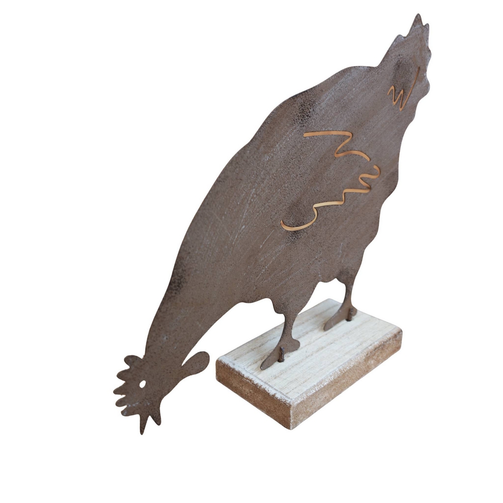 POULE EN METAL ROUILLE SUPPORT BOIS 22 X 19 X 5 CM - Photo N°2