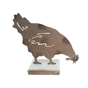 POULE EN METAL ROUILLE SUPPORT BOIS 16 X 14 X 5 CM