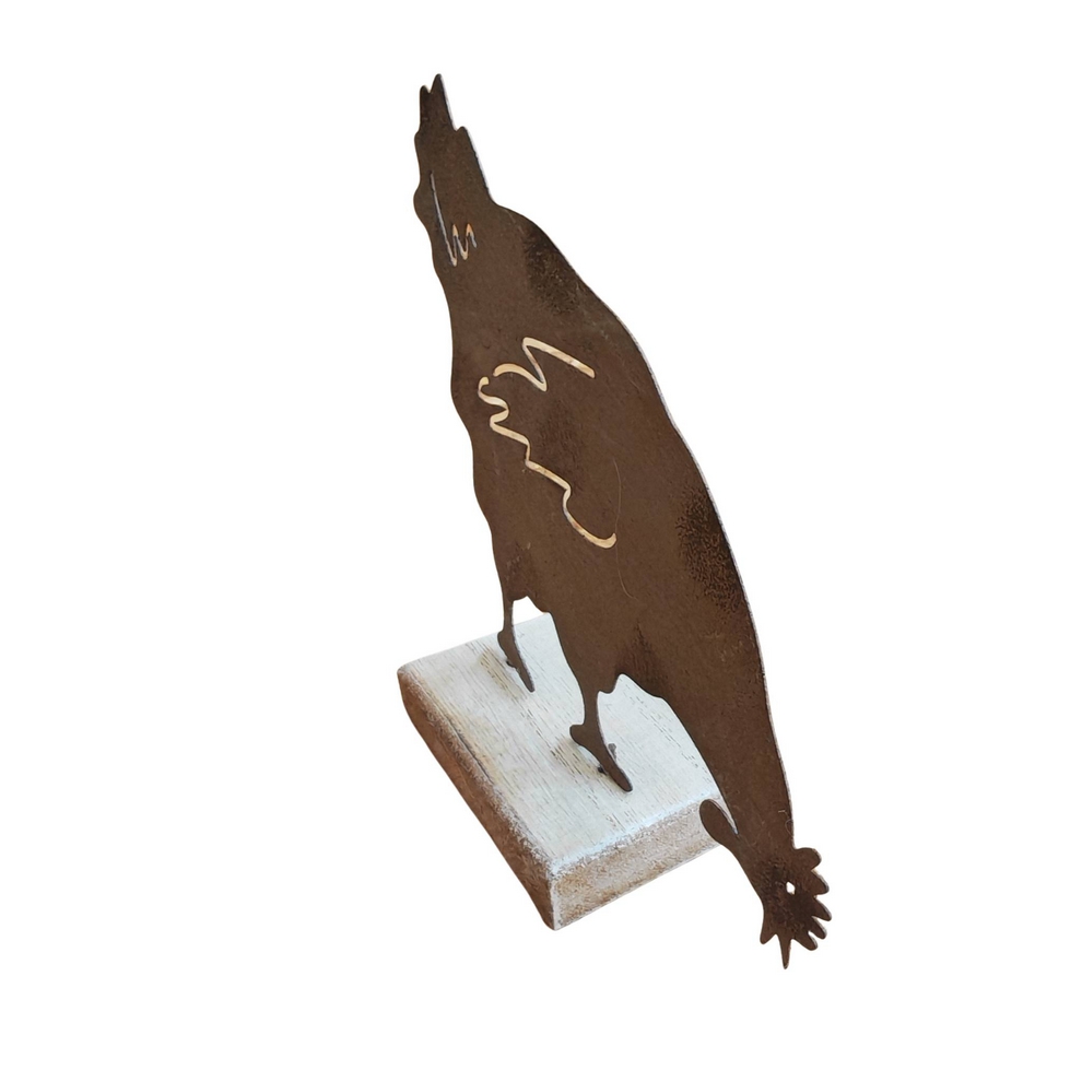 POULE EN METAL ROUILLE SUPPORT BOIS 16 X 14 X 5 CM - Photo N°2
