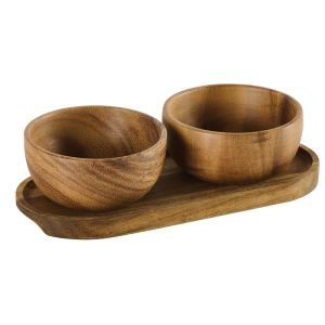 SET DE 2 BOLS SUR PLATEAU OVALISE EN BOIS D'ACACIA 23 X 11.5 X 6 CM