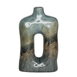 VASE TERRE CUITE DEGRADE DE COULEURS VERT/GRIS AJOURE AU CENTRE 15  X 25 X 7 CM