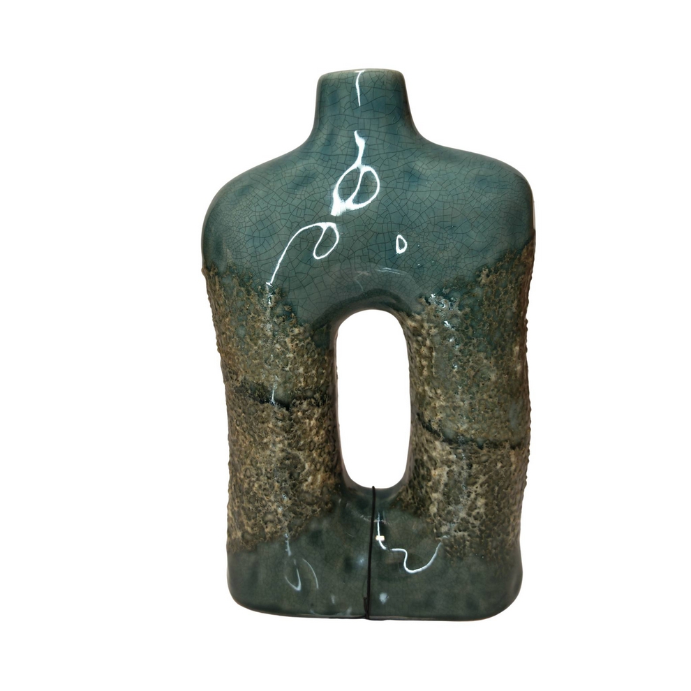 VASE TERRE CUITE DEGRADE DE COULEURS VERT/GRIS AJOURE AU CENTRE 15  X 25 X 7 CM - Photo N°4