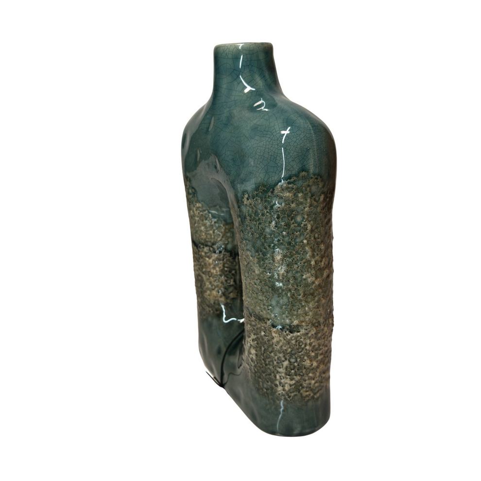 VASE TERRE CUITE DEGRADE DE COULEURS VERT/GRIS AJOURE AU CENTRE 15  X 25 X 7 CM - Photo N°3
