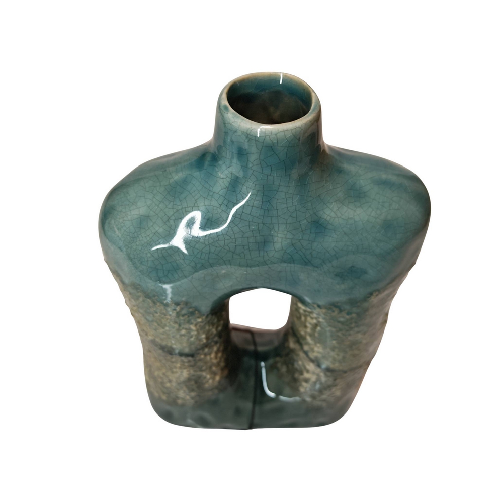 VASE TERRE CUITE DEGRADE DE COULEURS VERT/GRIS AJOURE AU CENTRE 15  X 25 X 7 CM - Photo N°2