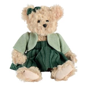 PELUCHE OURS BEIGE NOMMEE ANGIE GILET ET ROBE VERTE 28 CM