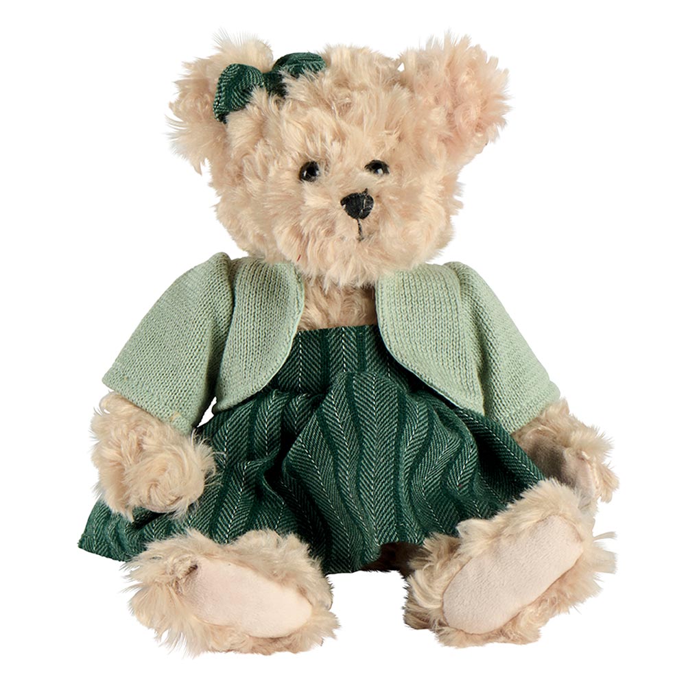 PELUCHE OURS BEIGE NOMMEE ANGIE GILET ET ROBE VERTE 28 CM - Photo N°1