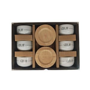 COFFRET DE 6 COQUETIERS PORCELAINE BLANCHE PLATEAUX EN BOIS DE BAMBOU 5 X 3.5 X