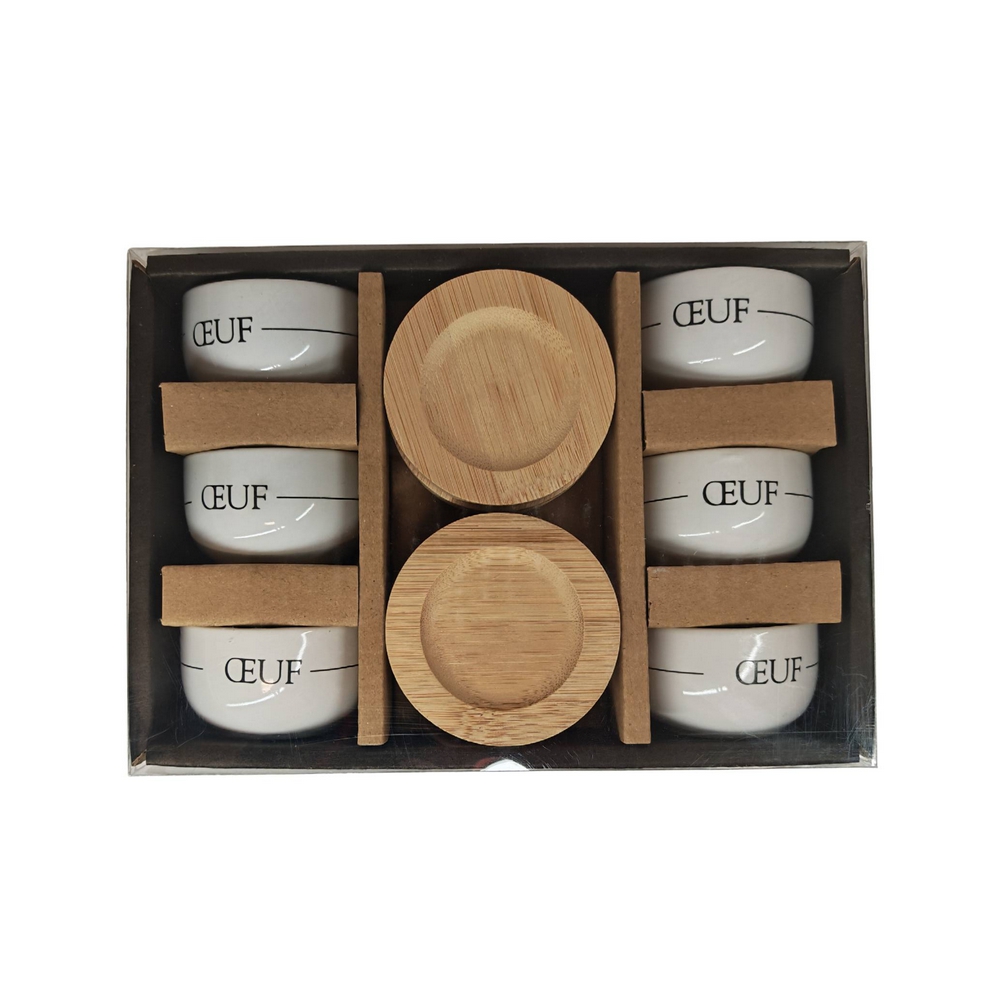 COFFRET DE 6 COQUETIERS PORCELAINE BLANCHE PLATEAUX EN BOIS DE BAMBOU 5 X 3.5 X - Photo N°1