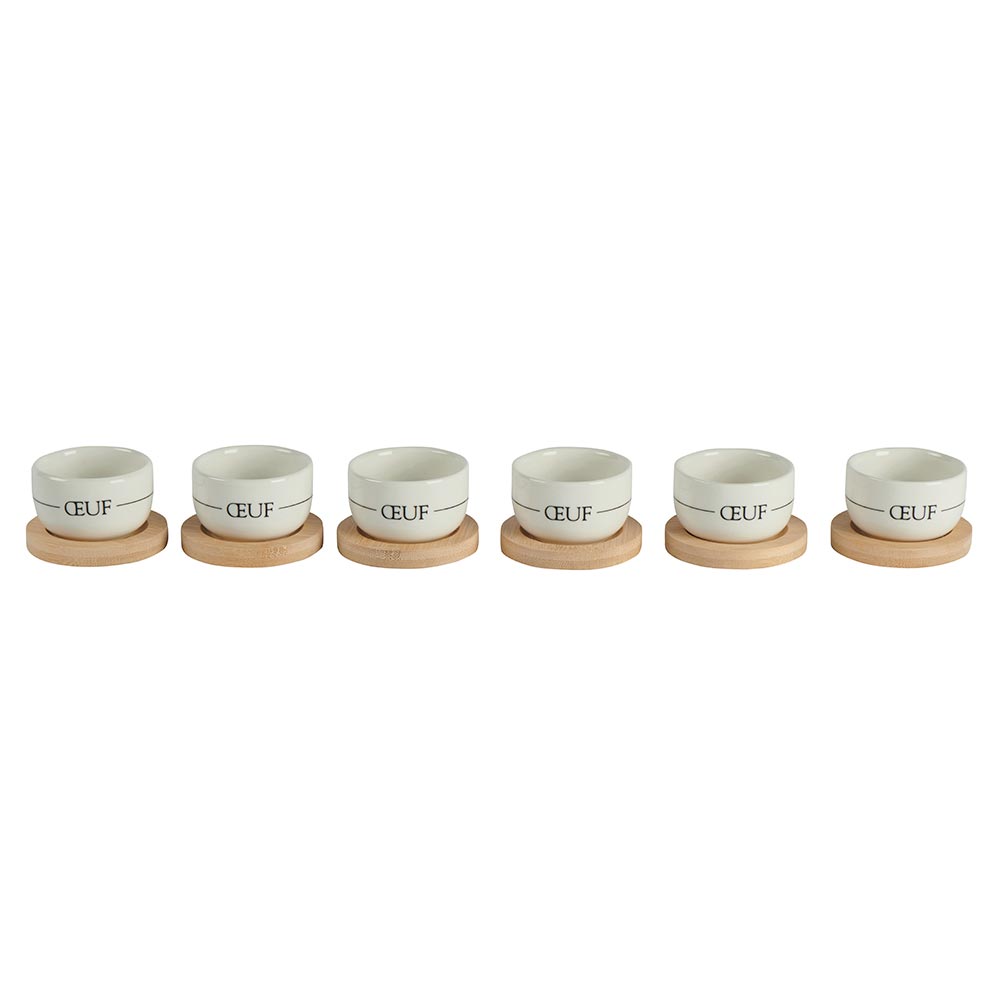 COFFRET DE 6 COQUETIERS PORCELAINE BLANCHE PLATEAUX EN BOIS DE BAMBOU 5 X 3.5 X - Photo N°2