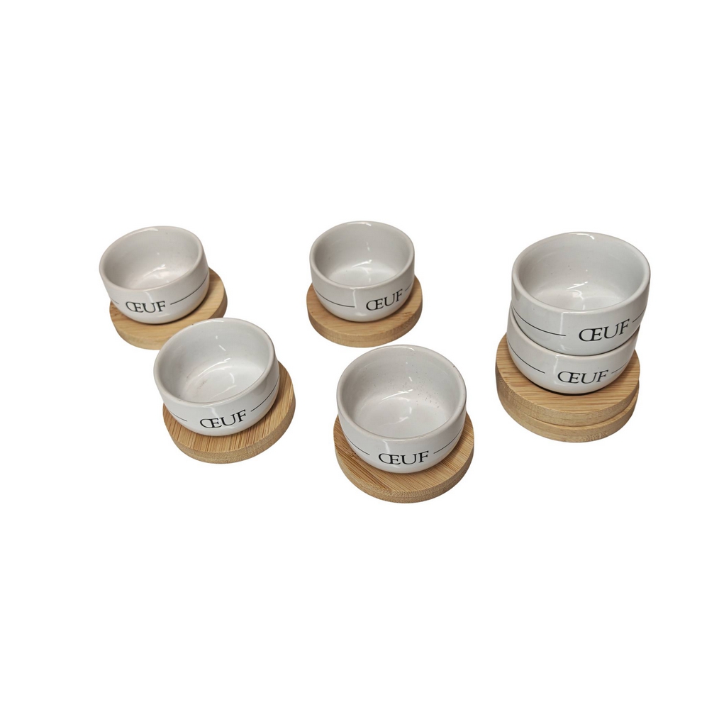 COFFRET DE 6 COQUETIERS PORCELAINE BLANCHE PLATEAUX EN BOIS DE BAMBOU 5 X 3.5 X - Photo N°5