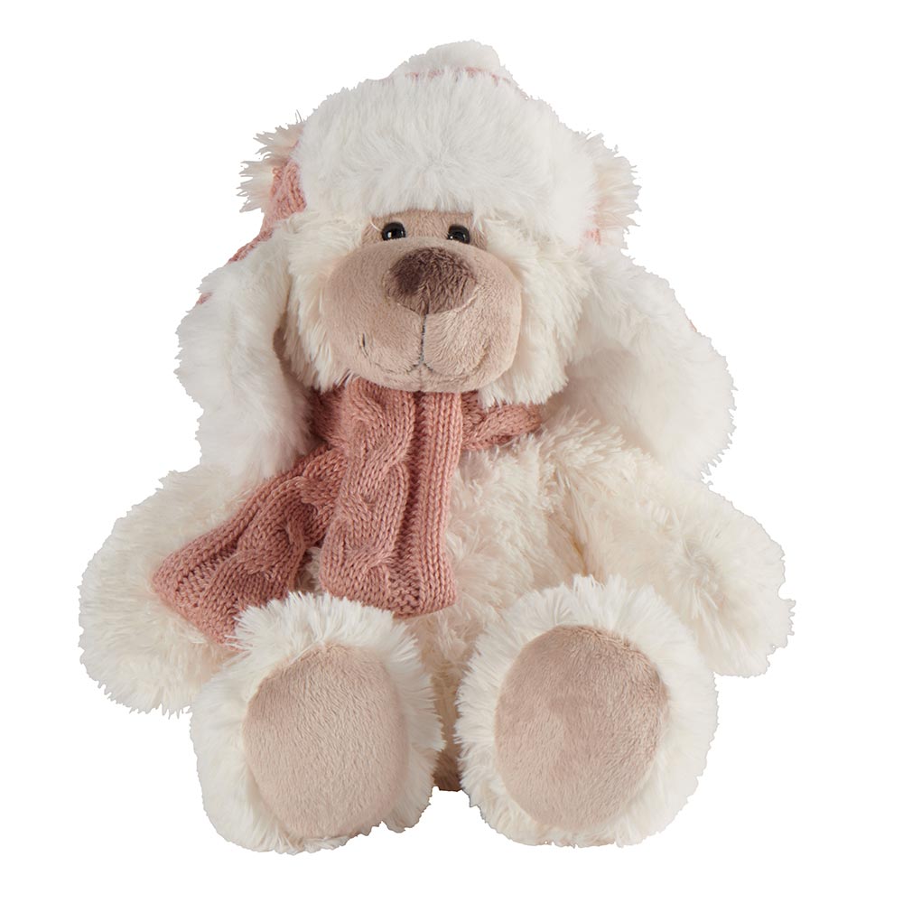 OURS EN PELUCHE 24 CM COLBY BLANC CHAPKA ET ECHARPE ROSE - Photo N°1