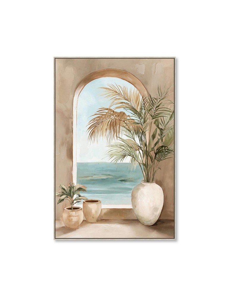 TABLEAU SUR TOILE ENCADRÉ VASES ET PLANTES TEINTE MARRON VUE MER 60 X 90cm - Photo N°4