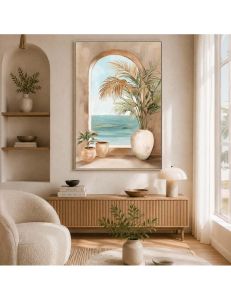 TABLEAU SUR TOILE ENCADRÉ VASES ET PLANTES TEINTE MARRON VUE MER 60 X 90cm