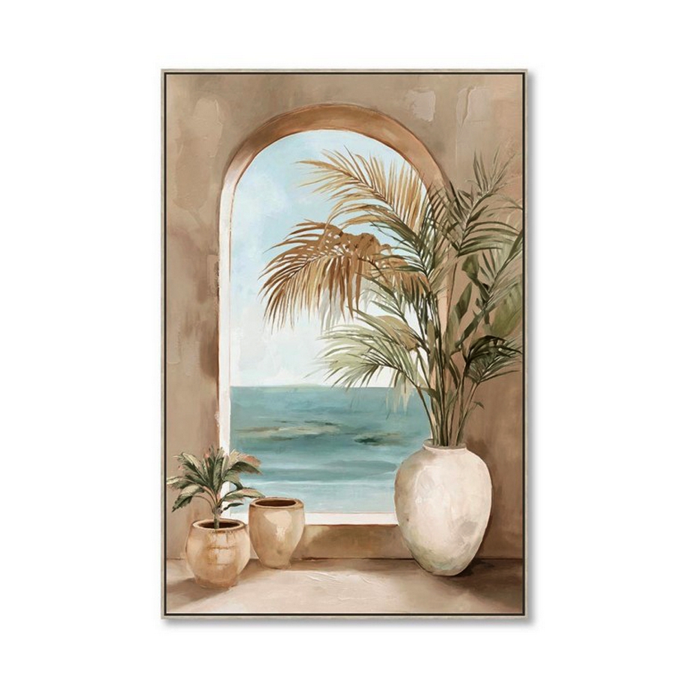 TABLEAU SUR TOILE ENCADRÉ VASES ET PLANTES TEINTE MARRON VUE MER 60 X 90cm - Photo N°2