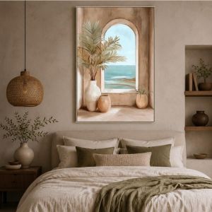 TABLEAU SUR TOILE ENCADRÉ VASES ET PLANTES TEINTE MARRON VUE MER 60 X 90cm