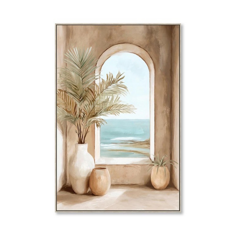 TABLEAU SUR TOILE ENCADRÉ VASES ET PLANTES TEINTE MARRON VUE MER 60 X 90cm - Photo N°4