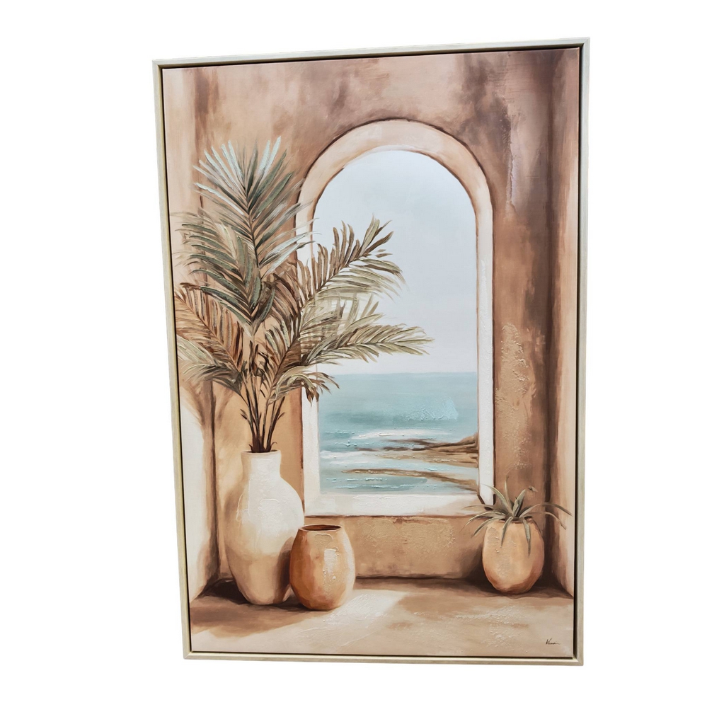 TABLEAU SUR TOILE ENCADRÉ VASES ET PLANTES TEINTE MARRON VUE MER 60 X 90cm - Photo N°2