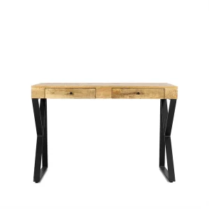 CONSOLE BUREAU BOIS MANGUIER MASSIF 2 TIROIRS PIED METAL NOIR  120 X 77 X 50 CM