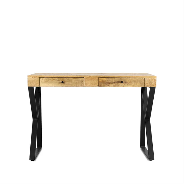 CONSOLE BUREAU BOIS MANGUIER MASSIF 2 TIROIRS PIED METAL NOIR  120 X 77 X 50 CM - Photo N°1