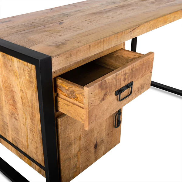 BUREAU BRITT BOIS MANGUIER 1TIROIR 1 PORTE PIED METAL NOIR  145 X 75 X 58 CM - Photo N°2